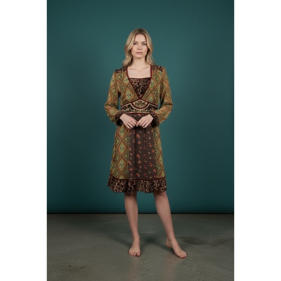 Double D Ranch Bohemian Print Velvet Trimmed Mixed Media Midi Dress Size Medium - Picture 2 of 16